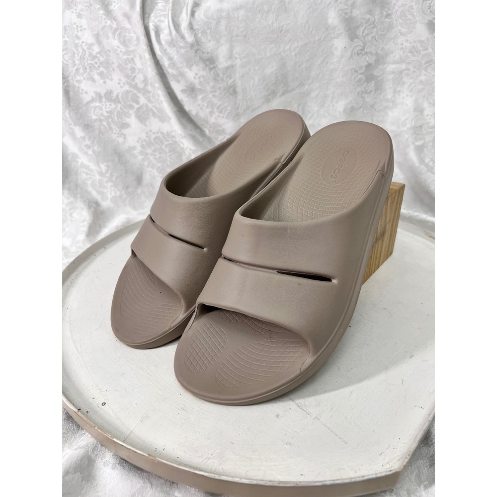 OOFOS Ooahh Slide Sandals Taupe Brown Recovery Shoes Mens 9 Womens 11 EU 42